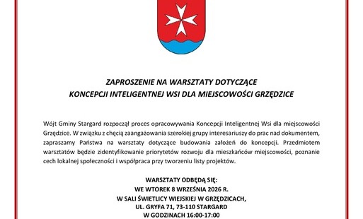 ZAPROSZENIE NA WARSZTATY - KONCEPCJA INTELIGENTNEJ WSI GRZĘDZICE