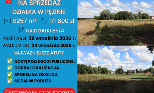 Na sprzedaż działka w miejscowości Pęzino – 8257 m2, cena wywoławcza 171 600,00 zł